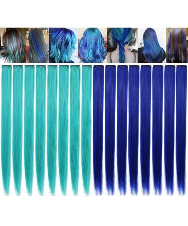 Jchdwsguo 16 pieces colored hair extensions 21 inch heat -resistant synthetic smooth hair extensions clip in girls women's Holiday party hair highlights (turquoise blue) - Buy Online on GoSupps.com