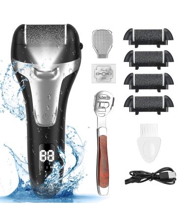 Electric Foot File Callus Remover for Feet Rechargeable Professional Pedicure Tools Kit Wet & Dry Foot Scrubber Care with 4 Roller Heads 2 Speed LCD Display for Dry Hard Cracked Heel Dead Skin 4 Roller Electric Callus Remover + Callus Shaver Kit
