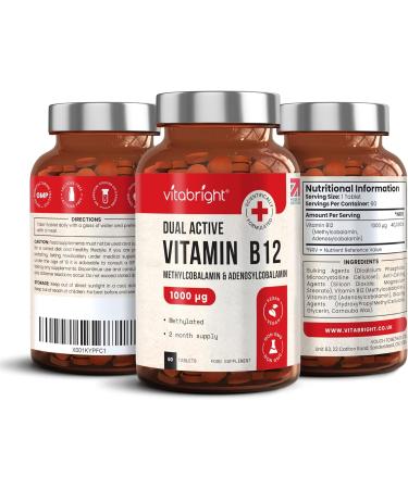VitaBright Vitamin B12 Tablets 1000mcg - Dual Active Methylcobalamin & Adenosylcobalamin - 60 Vegan Tablets - Immune System & Energy Support - Made in UK - Buy Online on GoSupps.com