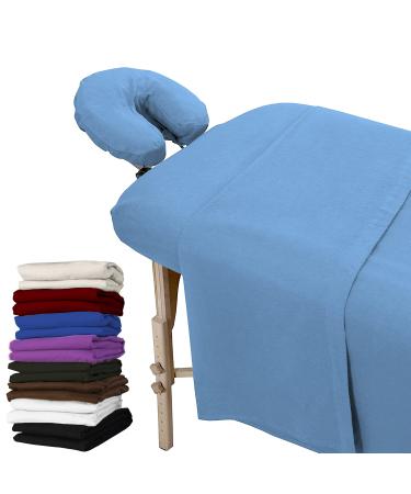 London Linens 3 Piece Set Massage Table Sheets Set - 100% Natural Cotton Flannel- Includes Massage Table Cover, Massage Fitted Sheet, and Massage Face Rest Cover (Light Blue)