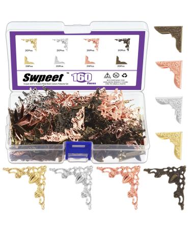 Swpeet 160Pcs 4 Colors Metal Book Corners Protector  8 Styles Vintage Antique Book Scrapbooking Protector for Scrapbooking Photo Angle Book Menus Cover