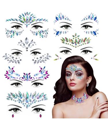 Face Jewels, 6 Sets Face Gems Stickers, Mermaid Festival Face Jewels Rhinestones Rave Eyes Body Temporary Stickers Crystal Face Gems for Halloween Carnival Music Party