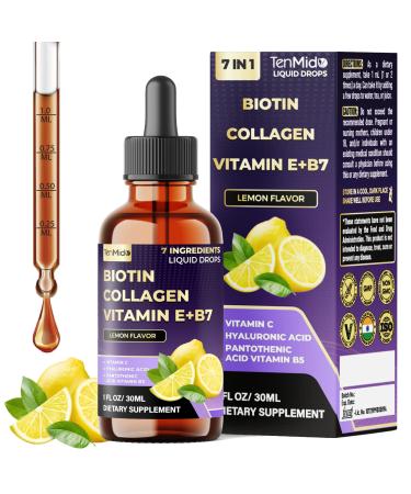 Tenmido 7in1 Biotin and Collagen Supplements - Biotin Liquid Drops with B5 Pantothenic Acid Vitamin C Vitamin E Zinc Hyaluronic Acid - 30ml 1 Fl Oz