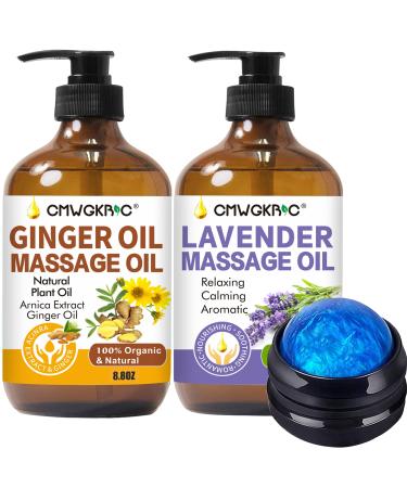 Massage Oil for Massage Therapy, Ginger Massage Oil -2 Pack Arnica & Ginger Oil -Warming Tired Sore Muscles & Lavender Relaxing Massage Oil -Romantic, Aromatic, Soothing Massage Oil with Massage Ball