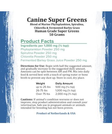 Buy Canine Super Greens by Holistic Bin | Vegan Dog Nutritional Supplement with Marine Phytoplankton Spirulina Chlorella & Fermented Barley Grass for Organic Skin & Coat Support 50g - Buy Online on GoSupps.com
