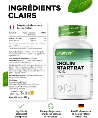 G lules de choline 365 g lules avec 1500 mg de bitartrate de choline par dose quotidienne plus de 6 mois de r serve foie homocyst ine & m tabolisme des graisses naturel fortement dos v ga 365 unit (Lot de 1) - Buy Online on GoSupps.com