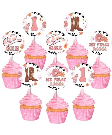 Fangleland 24Pcs Cowgirl 1st Rodeo Cupcake Toppers My First Rodeo Birthday Cake Decorations for One Year Old Girl Western Cow Print Groovy 70s 80s Daisy Theme Cupcake Picks Bday Party Supplies