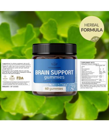 HERBAMAMA Brain Support Gummies Brain Focus Supplements for Adults with Ashwagandha Bacopa Monnieri Vitamin C & B12 Vegan Non-GMO Calming Gummies 60 Pectin-Based Blueberry-Flavored Chews - Buy Online on GoSupps.com