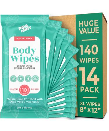 Body Wipes - (14 Pack) 140 XL Bath Wipes for Adults No Rinse Adult Wipes for Elderly - Body & Face Gentle Skin Cleansing Shower Wipes Bathing for Travel Elderly Car Gym Camping (8x12 Inch)