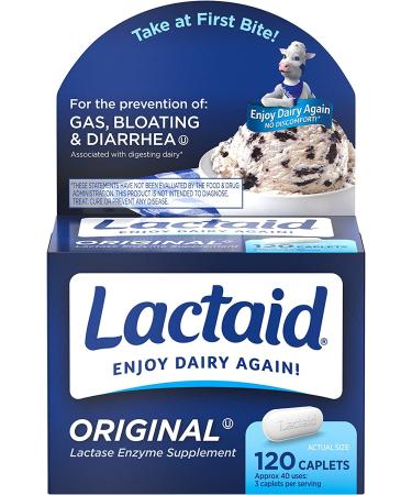 Lactaid Original Strength Lactose Intolerance Relief Caplets 120 ct - Natural Lactase Enzyme Dietary Supplement for Gas, Bloating & Diarrhea Prevention - Buy Online on GoSupps.com