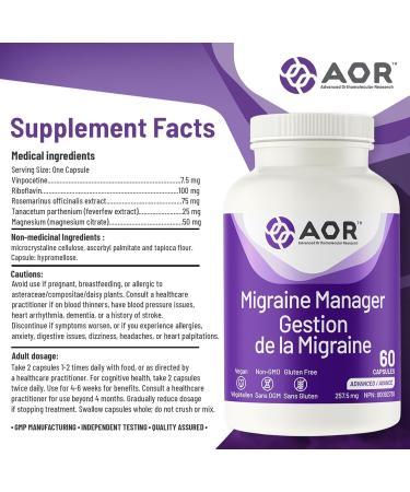 AOR Migraine Manager 60 Caps - Balanced Support with Vinpocetine Riboflavin Feverfew Extract & Magnesium Citrate - Brain Health Supplement for Adults - Natural Calm for Head Comfort & Sleep Support - Buy Online on GoSupps.com