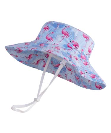 LANGZHEN Beach Sun Protection Hat for Baby Girls Adjustable Toddler Kids Hat Wide Brim Summer Play Hat with Chin Strap Flamingo- Purple 1-2 Years