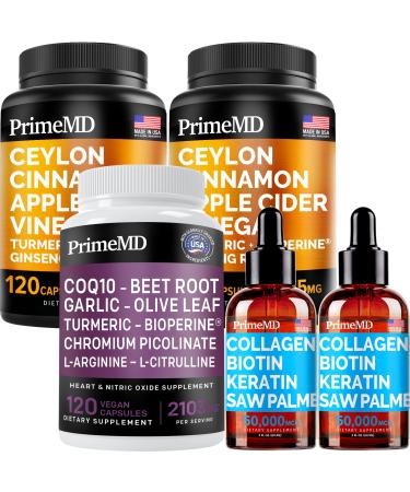 Liquid Collagen Biotin (2pk) Ceylon Cinnamon (2pk) and Nitric Oxide (1pk) Supplement Bundle - Potent Vitamins for Hair Skin Nails Heart Metabolism & Lipid Support - Non-GMO Vegan Gluten-Free