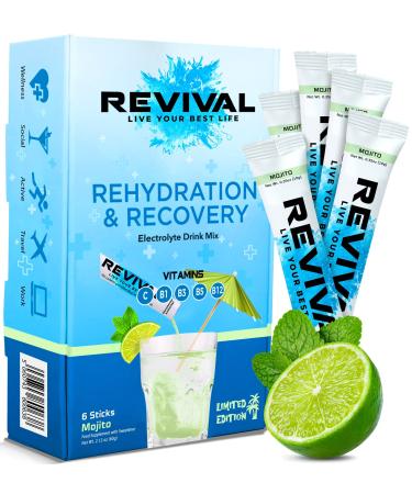 Revival Rapid Rehydration Electrolytes Powder - High Strength Vitamin C B1 B3 B5 B12 Supplement Sachet Drink Effervescent Electrolyte Hydration Tablets - 6 Pack Mojito 6 Servings (Pack of 1) Mojito