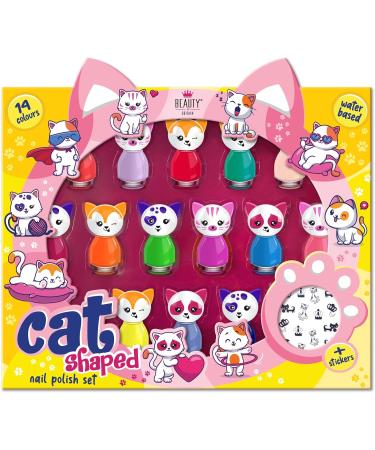 Cat Shaped Water-Based Nail Polish Set beauty4britain 14 Colours Quick Dry Peel Off Cat Nail Stickers Included Display Gift Box - Buy Online on GoSupps.com