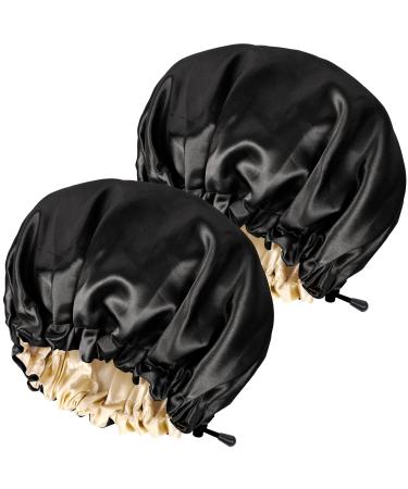 2PCS Satin Sleep Cap Adjustable Double-Sided Sleep Bonnet Bonnet Cap for Sleep (2 BLACK) M-XL 2 BLACK
