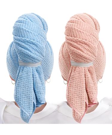 Sucedul Large Microfiber Hair Towel Wrap for Women 2 Pack Super Absorbent Hair Drying Towel Anti Frizz Fast Drying Hair Turbans for Long Thick Curly Hair Super Soft Hair Wrap Towels Blue Pink Blue+pink