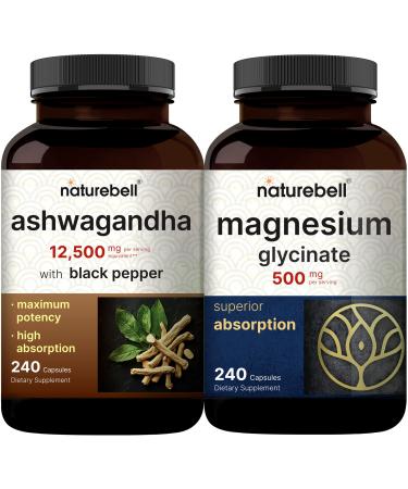 NatureBell Magnesium Glycinate Capsules 500mg & Ashwagandha 12,500 mg Equivalent with Black Pepper Bundle Pack | Chelated & Purified Mineral | Adaptogens Supplements for Relaxation