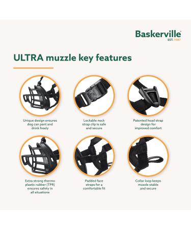 BASKERVILLE ULTRA MUZZLE Size 4 - Adjustable Padded Dog Training Muzzle for Medium & Large Dogs | Prevents Biting & Wildlife Scavenging | Humane Design for Panting & Drinking - Buy Online on GoSupps.com