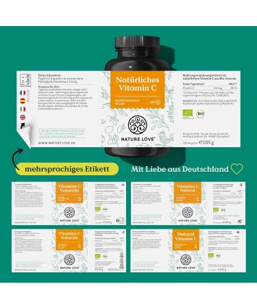 Nature Love Natural Vitamin C - Bio Acerola Extract 180 Vegan Capsules High Dose Lab Tested - Made in Germany - Buy Online on GoSupps.com