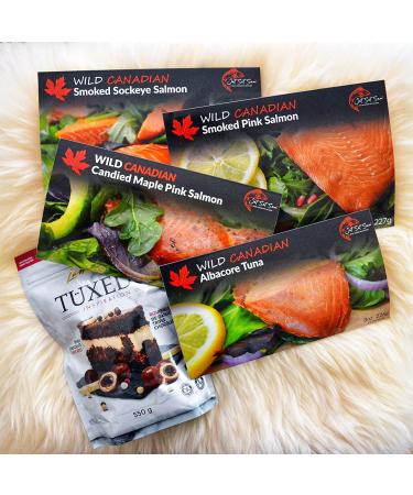 Smoked Salmon Christmas Food Gift Pack Featuring Wild Canadian Salmon and Luxurious Tuxedo Chocolates | Food Gift Box (Add 8 oz Wild Smoked Tuna)