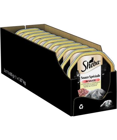 Sheba Sauce Sp ciale Fine wet food with chicken in herb sauce for adult cats 22 x 85g cat food in a bowl