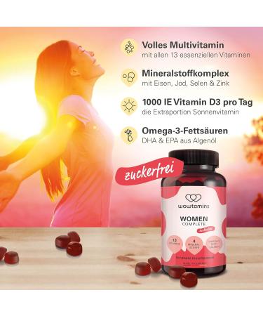 Wowamins Women Complete Sugar-Free Multivitamin Gummies - 120 Delicious Gummy Bears with 500 g Biotin Iron & 13 Essential Vitamins - Omega 3 & More - Buy Online on GoSupps.com