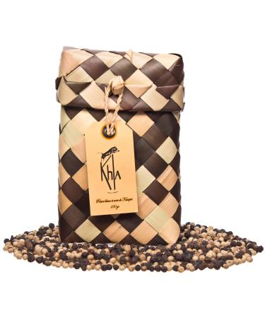 KHLA - Premium Black and White Kampot Pepper Mix IGP - 100g - Pepper Grains in Bag - From Organic Farming - Traditional Palm Leaf Packaging
