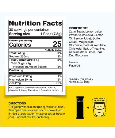 Hydrant ENERGY Lemonade Hydration Mix 30 Stick Pack - Electrolyte Powder Packets with Caffeine, L-Theanine, Zinc for Rapid Hydration - 30 Count - Buy Online on GoSupps.com