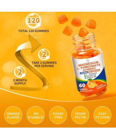 (2 Pack) Magnesium L-threonate Gummies 1000mg for Kids & Adults High Absorption Magnesium Threonate with L - Theanine Vitamin D3 & B6 for Muscle Nervous System Sugar-Free Orange Flavor 60 Count (Pack of 2) - Buy Online on GoSupps.com