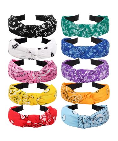 Ondder Bandana Headbands for Women 10 Pack Knotted Headbands Non Slip Turban Wide Bandana Paisley Top Knot Head Bands Headband for Women Girls Bandand Hairband Hair Accessoreis for Women Girls Bandana Pattern-C