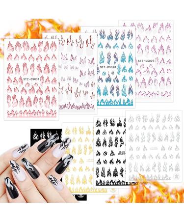 Kalolary Flame Nail Stickers 3D Self-Adhesive Fire Flame Nail Art Sticker Decals Black White Gold Sliver Nail Art Strips for Women Girls Nail Design Nail Art DIY Decoration (8 Sheets)