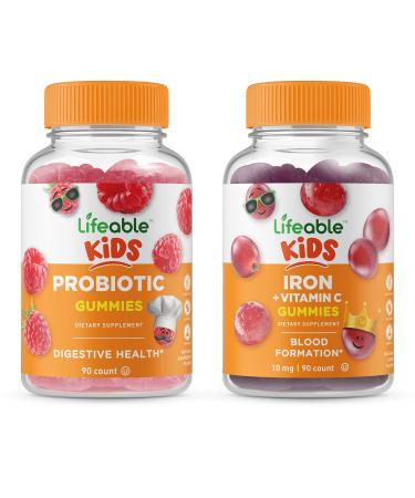 Lifeable Probiotic 2 Billion CFU Kids + Iron & Vitamin C Kids Gummies Bundle - Great Tasting Vitamin Supplement Gluten Free GMO Free Chewable Gummy