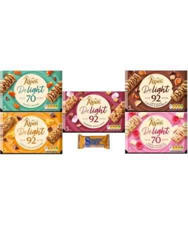 Alpen Delight Cereal Bars Bundle Pack of 5 Different Flavours 25 Bars Total. Low Calorie High in Fibre and Low in Salt. With Sesame Snap Gluten Free Snack Bar