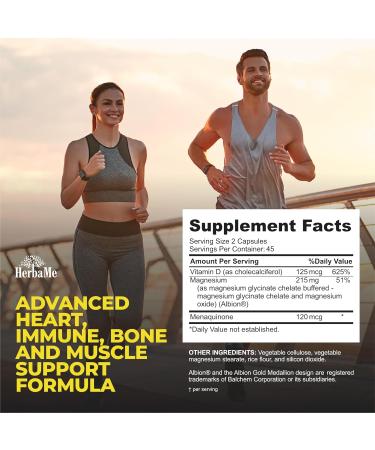 HerbaMe Vitamin D3 5000 IU + K2 with Magnesium Bisglycinate for Max Absorption | 90 Capsules | Immune Support | Promotes Heart, Bone and Muscle Health - Buy Online on GoSupps.com