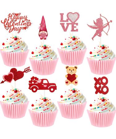 24PCS Happy Valentine's Day Cupcake Toppers Glitter Heart Love Valentines Food Picks Cake Decorations Supplies