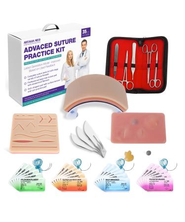 Advanced Practice Kit for Medical Students (35 Pcs)  Latest Generation of Most Complete Model Including: Tool Kit with Variety of Suture Threads 3 Top Quality Suture Pads (Education Only)
