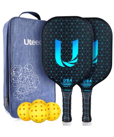 Uteeqe Pickleball Paddles Set of 2 - Graphite Surface with High Grit & Spin, USAPA Approved Pickleball Set Pickle Ball Raquette Lightweight Polymer Honeycomb Non-Slip Grip w/ 4 Outdoor Balls & Bag Blue