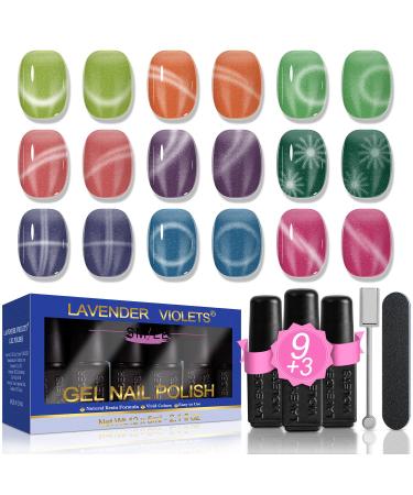 Lavender Violets 13 Pcs Gel Nail Polishes Set 9D Cat Eye Effect Spring Shiny Mermaids Emerald Nail Art UV LED Soak Off With Base Coat Matte n No Wipe Top Coat Magnet Nail File Manicure C967A 9D Cat Eye-967A