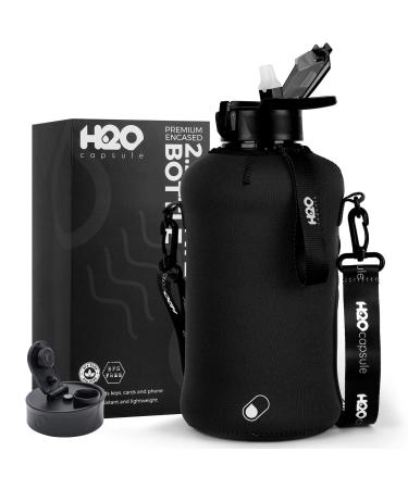 H2O Capsule 2.2L Half Gallon Water Bottle with Storage Sleeve and Covered Straw Lid  BPA Free Large Reusable Drink Container with Handle - Big Sports Jug, 2.2 Liter (74 Ounce) Jet Black