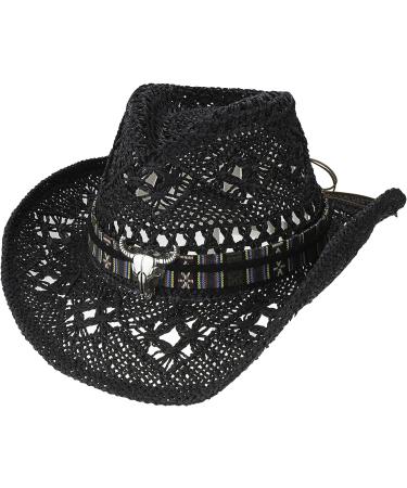 Western Cowboy Straw Hat Wide Brim Cowgirl Sun Hat with Hat Band - Black (7-7 1/4) - Buy Online on GoSupps.com