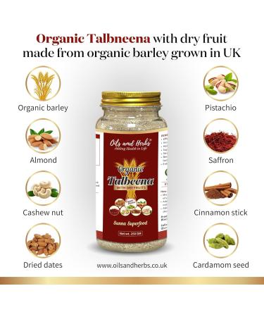 Organic Talbeenah Powder with Dry Fruits By Oils and Herbs UK Made in UK Includes Almond Cashew Cinnamon Cardamom Saffron Pistachia dry dates| Sunna Superfoods (500gm) - Buy Online on GoSupps.com