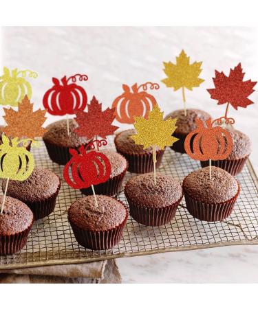 Festive Fall Cupcake Toppers Set - 18-Piece Glitter Maple Leaf and Pumpkin Cake Decorations for Thanksgiving and Autumn Harvest Celebrations - Golden Orange and Red Toppers for Cake and Cupcakes - Buy Online on GoSupps.com