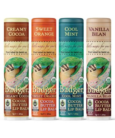 Badger Fair Trade Organic Lip Balm Set - Cocoa Vanilla Orange & Mint (4 Pack) - Buy Online on GoSupps.com