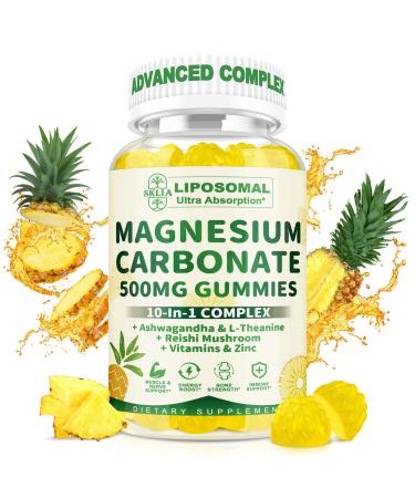 Liposomal Magnesium Carbonate Gummies 500 mg Magnesium Supplement with Ashwagandha, L-Theanine, Calcium & Vitamin D3 for Muscle & Nerve Support, Sugar-Free Vegan Pineapple Flavor (60 Count) 1P 60 Count (Pack of 1)