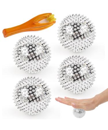 4 pieces of massage ball hedgehog ball scettar magnetic balls massage ball with finger roller massager hedgehog ball foot massage skills hedgehog ball for stress relief or massage 32 mm diameter (silver)