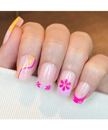 NOVO OVO Short Square Nude Yellow Hot Pink Mauve French Tip Floral Thick False Fake Press on Nails HAPPINESS AS FLOWERS Purple Lavender Swirl Stick on Acrylic Kit with Glue for Valentine's Day Spring
