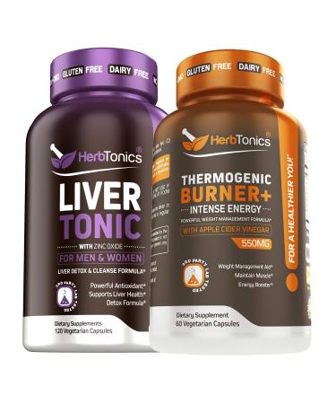 Herbtonics LiverTonic & Thermogenic Burner Bundle | Liver Cleanse Fatty Liver Repair Formula with Milk Thistle | Fat Burner & Weight Loss Supplement for Women and Men | 120 Vegan Capsules