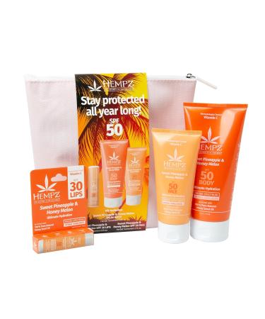 Hempz Daily Essentials 50 SPF Sunscreen Kit - Face Body & Lip Balm | Sweet Pineapple & Honey Melon | Free On-The-Go Bag - Shop Now - Buy Online on GoSupps.com