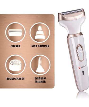 Alpina Women's Multifunctional Razor - Electric Body & Face Trimmer with Eyebrow Attachment - USB Rechargeable - White/Gold - Buy Online on GoSupps.com